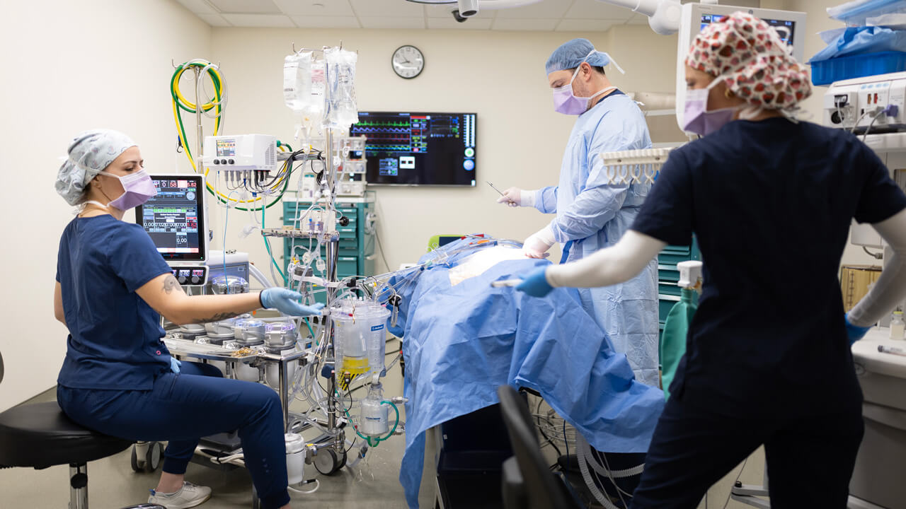A trio of students works in a simulated operating room.